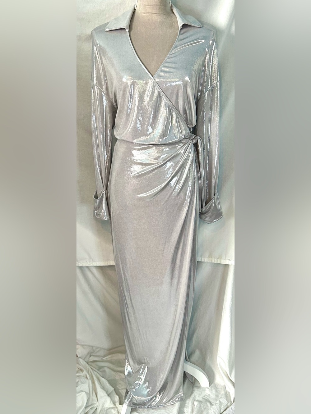 Show Me Your MuMu Clara Liquid Silver Metallic Collared Wrap Maxi Dress, Size S